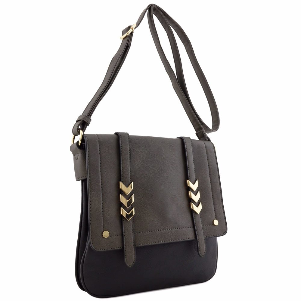 Double Compartment Large Two-Tone Colorblock Flapover Crossbody Bag Charcoal O_ - Picture 2 of 6